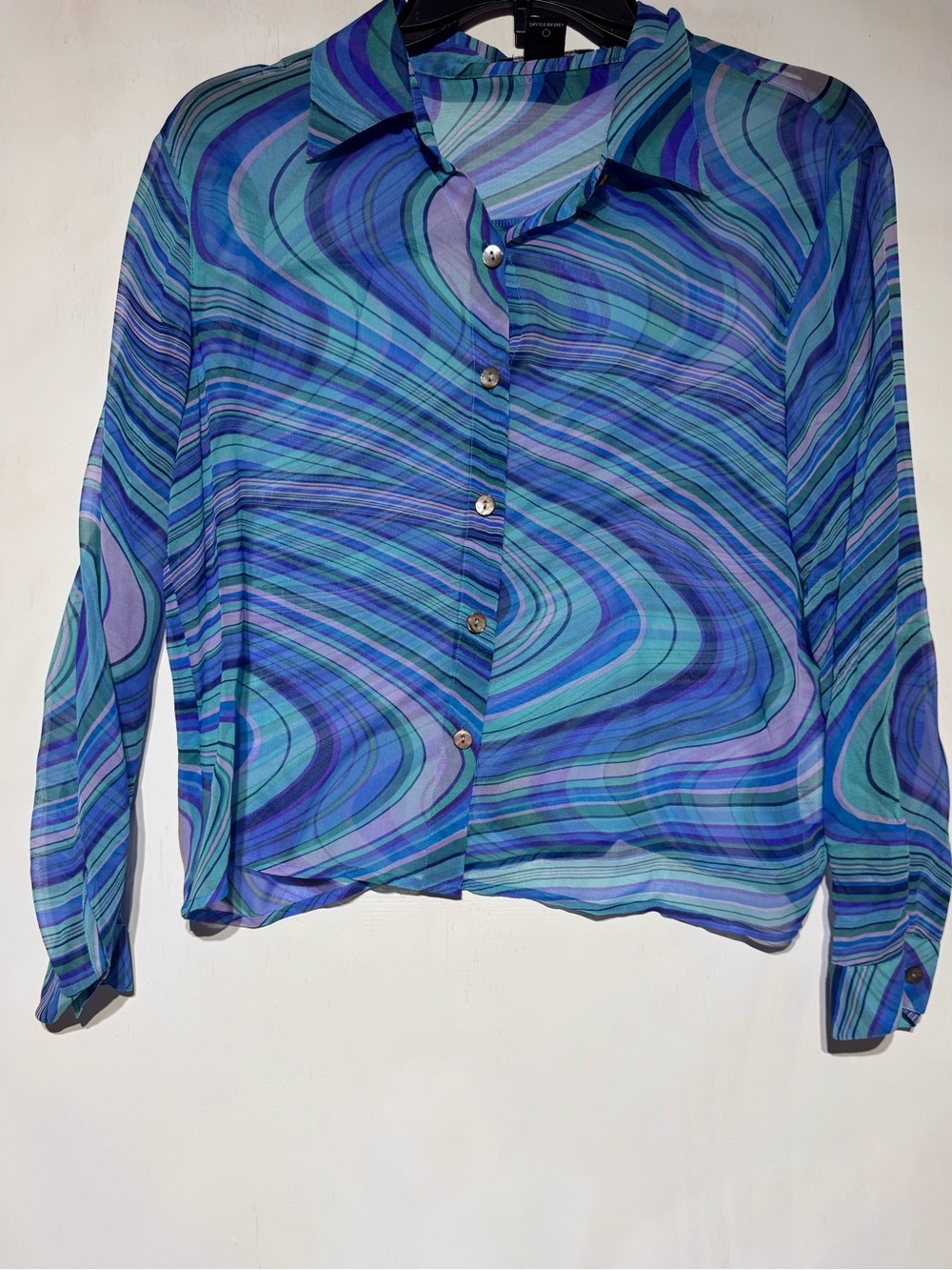 Karen Kane 100% Silk, Blue, Teal & Purple Long Sleeve Button Up